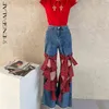 SHENGPALAE Streetwear contraste couleur épissé évider Bow Jeans femmes été taille haute droite Denim pantalon femme 211129