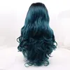 2021 new pre-lace hair set high-temperature silk 180 black-green peacock blue long curl temperament wig role-playing wig cover daily wigs