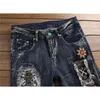 AUTUMN Winter Men's Patchwork Ripped Embroidered Stretch Jeans Trendy Holes Straight Denim Trouers T200614