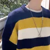 Мужчины Пуловеры полосатые свитеры Пара BF Harajuku Урожай О-Джинги Мешковатые подростки Мягкая вязаная новая уличная одежда