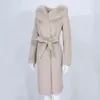OFTBUY réel manteau de fourrure veste d'hiver femmes col naturel à capuche cachemire laine mélanges longs vêtements d'extérieur dame Streetwear 211110