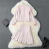 Val winter twee stukken outfit vrouwen mode ontwerper zoete ruche roze tweed wollen jas en mini rok pak sets 210601