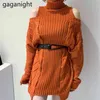 Мода Сексуальные Женщины Длинные свитер плечо с водолазкой Пуловер Стрешиться вязаный тянуть Femme Chic Корейские свитеры 210601