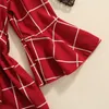Mädchen Kleider 2022 2-7Y Mode Kleinkind Baby Mädchen Rotes Kleid Plaid Print Kalte Schulter Flare Langarm Tunika mit Gürtel Sprng Herbst