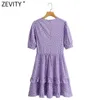 Zevity Women Sweet Pleats Ruffles Polka Dots Print Slim Dress Female Chic V Neck Puff Sleeve Casual Kimono Mini Vestido DS8169 210603