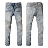 Men's Vintage Ripped Stretch Cotton Denim Biker Jeans Slim Fit Pleated Pants for Motorcycle Fashion