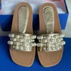 2021 Dames Goldie Slide Sandalen Designer Pearl Slippers Vierkante Open-Teen Platte Pflat Lady Sandaal Topkwaliteit Beige Zwarte Koe Lederen Zomer Slippers met Doos 314