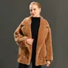 Winter Casual Solid Teddy Jas Vrouwen Losse stijl Dikke Warme Real Sheep Shearling Jacket Turn Down Collar Bovenkleding 211018