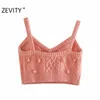 Zevity Women Sweet Ball Appliques Kort stickning Sling Sweater Kvinna Basic Spaghetti Strap V Neck Vest Chic Crop Tops S474 210603