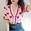 New design women's autumn summer v-neck short sleeve love heart print knitted shirt sweater cardigan tops tees SML