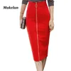 Frauen Sexy Büro Rock Plus Größe Casual Hohe Taille Mittlere Waden Lange Elegante Stretch Zipper Bodycon Rot Bleistift Röcke S-5XL 210610