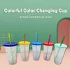 1/5Pcs 700/473ml Color Changing Confetti Reusable Plastic Tumbler With Lid And Straw Cold Cup Drinkware Kitchen Gadget 210608