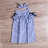 2019 Yeni Yaz Toddler Çocuklar Bebek Kız Güzel Giysileri Mavi Çizgili Kapalı Omuz Ruffles Parti Elbiseler Prenses Gündelik Elbise Q0716