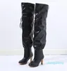 Designer- Lady Leather Pleated High Heel Rubber Outsole Thigh-High Boot Women Letter Canvas Over-the-knee Boots Pointed Toe Zipper Slip-on