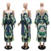 Adogirl Africa Totems Print Loose Spaghetti Straps Midi Dress Belt Women Sexy V Neck Cold Shoulder Long Sleeve Split Vesitdos 211116