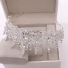 Luksusowy Srebrny Kolor Kryształ Liście Zestawy Bridal Barok Tiaras Korony Kolczyki Choker Necklace Wedding Dubai Biżuteria Zestaw