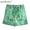 Green Loose Shorts Summer Fashion Drawstring Elastic High Waist Women Printed Casual Holiday Beach Wear 210604