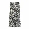 Za Draped Floral Print Black Midi Spódnica Kobiety Wysoka Talia Ruching Szczurek Hem Letnie Spódnice Kobiet Chic Side Zip Vintage Spódnice 210602
