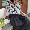 Korjpaa Kvinnor Sommar Sommar Hepburn Style Bläck Blomma Tryck Mesh Micro-Transparent Shirt Pocket High Waist A-Line Skirt 210526