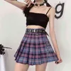 Harajuku xadrez saia mulheres y2k alta cintura mini tênis saias uniforme cadeia bolso a linha streetwear vintage cinto livre 210621