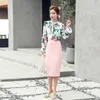 Elegant Casual OL Work Wear 2 Pieces Set Women Bow Print Blouses and High Waist pink Sheath Pencil Bodycon Skirt 210529