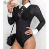 Rockmore Fishnet Transparente Manga Longa Painéis Bodysuit Mulheres Surgindo-Down Collar Hollow Out Femme Bodysuits Playsuit Outono 210720