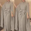 Muslim Arabic Dubai Kaftan Chiffon Pleats Formal Evening Dresses Pearls Beaded High Neck Elegant A Line Prom Party Gowns Bow Moroccan Caftan Floor Length