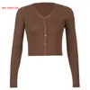 Cute Brown Knitwear Y2K Long Sleeve Crop Top T Shirt Harajuku Button Up Cardigans Knitted Tshirt Fashion Women Autumn Tops Indie Y0825