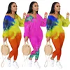 Women's Two Piece Pants Autumn Style Loose Plus Size Fashion Tie-dye V-neck Zipper Long-sleeved Trousers Jumpsuit Skinny