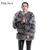 pink java 8066 high quality women real fur coat wihter warm thick jacket genuine short long sleeves 211206