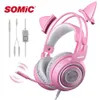 Somic 유선 고양이 이어 헤드셋 마이크와 함께 귀여운 PC 3.5mm 게임 전화 PS4 overear 게이머 G951S 핑크