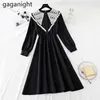 Office Ladies Hollow Out Lace Dresses Solid Peter Pan Collar Slim Elegant Basic Robes Regular Long Sleeve Spring 210601