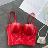 Women Sexy Faux Leather Bralette Crop Tops Camisole Bra Spaghetti Strap PU Leather Tank Tops Summer Nightclub Short Cami Tops X0726