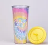 24 Oz Tie-barwnik Kubek z pokrywką i wielokrotnego użytku słomy Kolorowe podwójne ściany Izolowane Kubek Travel Cup Cup SN5638