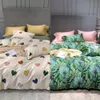 Svetanya Green Leaves Pink Flowers Nordic Egyptian Cotton Bedding Set Queen King Size Bedlinens Fitted Sheet Duvet Cover Set C0223