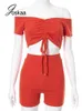 Joskaa Orange Short Sleeve DrawString Crop Tops Tank+Shorts 2 조각 세트 하이 스트리트 여성 의류 여름 2021 캐주얼 트랙 슈트 240413