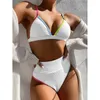 2021 Yeni Yüksek Bel Bikini Kadın V Yaka Mayo Push Up Mayo Kadın Patchwork Mayo Yaz Plaj Kıyafetleri Yüzme Takım Elbise