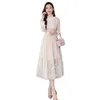 Lace dress women pink ruffle sleeve spring autumn France style temperament slim hollow out print dresses feminina LR799 210531