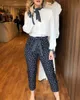 Détail noué Top Polka Dot Print Pantalon Set Casual Femmes Deux pièces Ensemble Tenues Bureau Workwear 210727