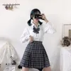 Estilo formal japonês Ortodoxo Plissado Saia School Student JK Uniforme Curto Saias Grade Hight Cintura Pessoas Bolso Busto Skirt 210310