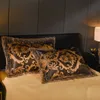 Dropshipping Duvet Cover Wedding Golden Jacquard Bedding Set Lace Flat Sheet PillowCase 4PCS European Luxury 210316