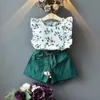 Odzież dla dzieci Dziewczyny Stroje Dzieci Floral Print Wzburzyć Rękaw Topy + Szorty 2 Sztuk / Set 2020 Summer Sweet Cute Baby Odzież Zestawy Z0360 52 Y2