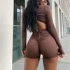 Kvinnors Jumpsuits Rompers Sexiga Clubwear 2021 Kvinnor Skinny Jumpsuit Brown Långärmad Djup V-Neck Solid Färg Tight Bodycon One-Piece Plays