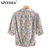 KPYTOMOA Women Sweet Fashion Floral Print Loose Blouses Vintage V Neck Elastic Hem Button-up Female Shirts Chic Tops 210721