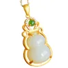 Natural Green Hetian Jade Gourd Pendant Silver Halsband Kinesiska snidade charm smycken mode amulet för kvinnor lyckliga gåvor9374743