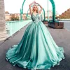 Stylish Beaded Princess Prom Dresses Halter Plunging Neck Pleated Evening Gowns Appliqued Sweep Train Satin A Line Formal Dress