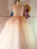 2021 Glamourous Light Blush Flower Girls Dresses Sheer Neck Real Photo Big Bows At Back Applique Pageant Prom Formal First Communion Dress