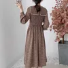 Koreański O-Neck Szyfonowy Hollow Out Długi Rękaw Suknie Podstawowe Elastyczne Talii Vintage Kwiatowy Drukuj Vestidos Fashion Spring 210601
