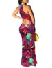 Женщины без рукавов Halter Hee, выладая старинный цветочный принт Party Beach Beach Long Maxi платье