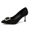 Black Suede Shallow Mouth Single Shoe Fashion Wild Rhinestones Pointed Toe Stiletto Heels Elegant Womens Shoes Party Dress Pumps Y0611